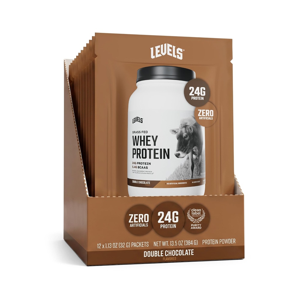 Levels Grass Fed Whey Protein Powder, No Artificials, 24G of Protein, Double Chocolate, 12 Count