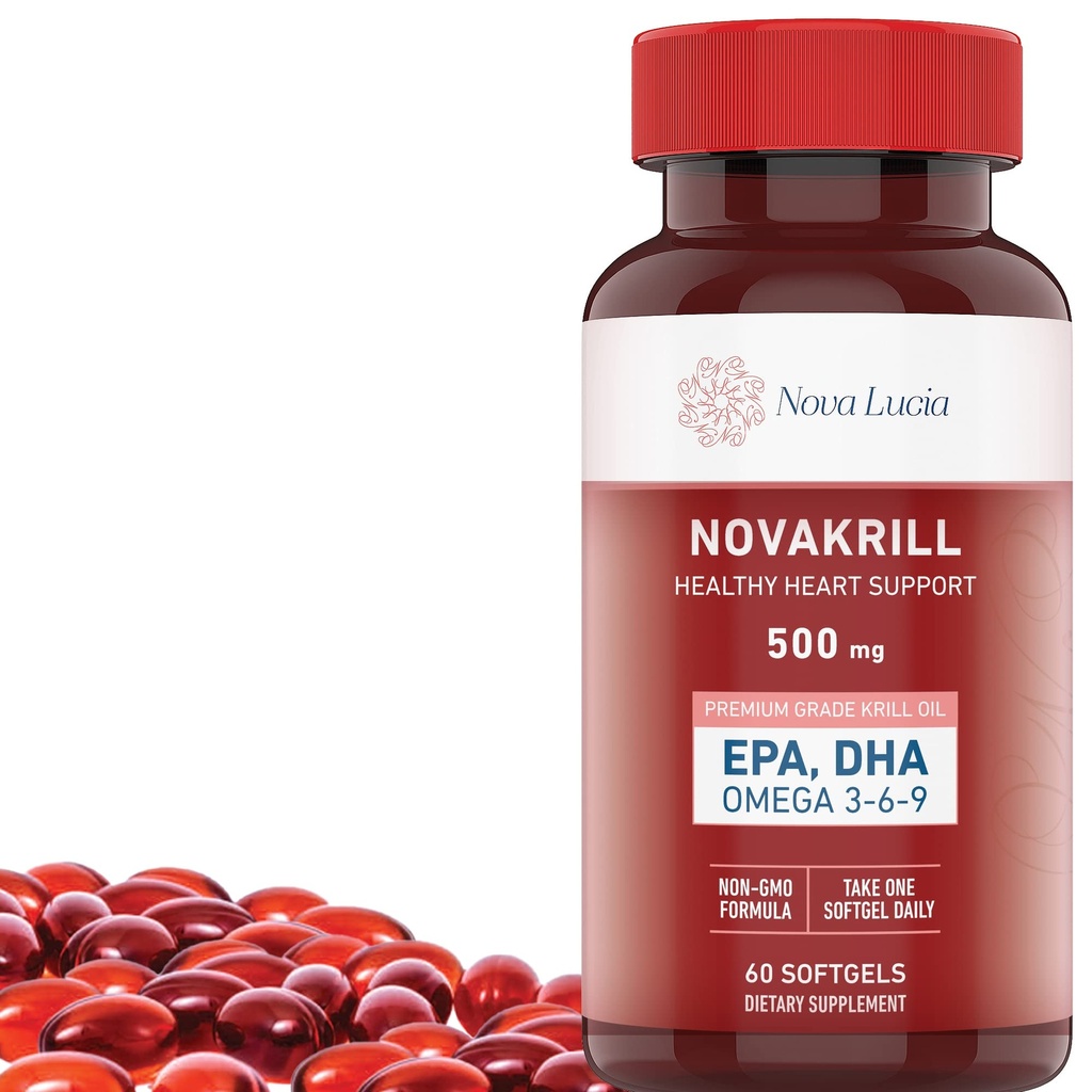 NovaKrill Krill Oil Omega 3 Supplement – 1000mg Softgels with EPA, DHA, Astaxanthin – No Fishy Aftertaste – Easy to Swallow Antarctic Krill Oil – 60 Liquid Capsules