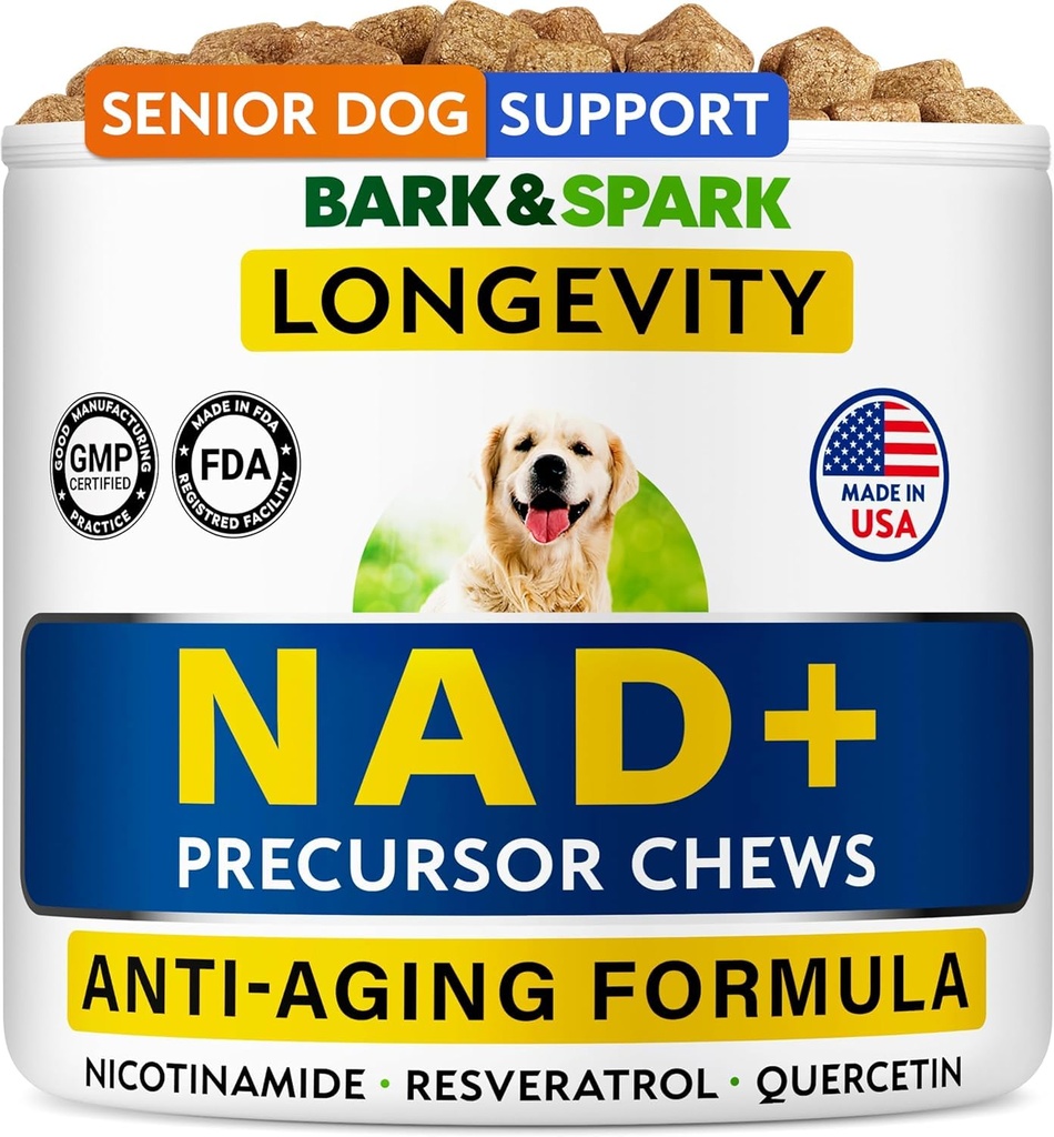 BARK&SPARK NAD+ for Dogs - Advanced Longevity Formula for Healthy Aging - Resveratrol, Quercetin & Nicotinamide - NMN Alternative for Senior Dog Vitality & Brain Health - Peanut Butter - 90 Ct