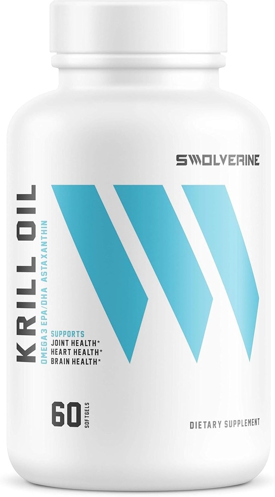 Swolverine Krill Oil | 500mg of Krill Oil & Astaxanthin, Omega-3s, EPA & DHA, Fast Absorbing, Joint Relief, Heart Health (60 Servings)