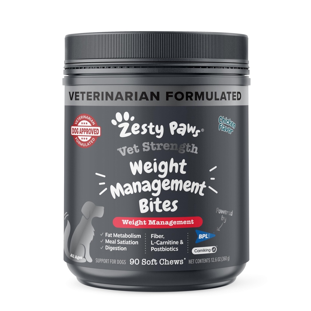 Zesty Paws Weight Management Bites for Dogs - Veterinarian Formulated - Metabolism & Appetite Control - L-Carnitine, Fiber, Postbiotics & B Vitamins - Healthy Weight Dog Supplement - 90 Count