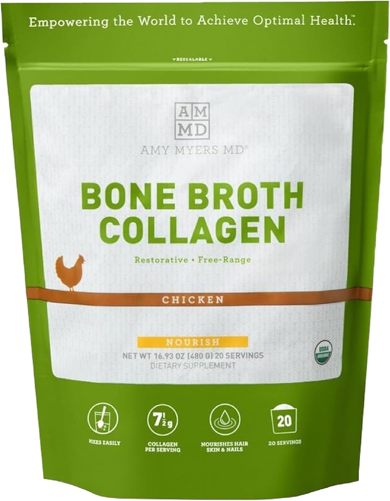 Amy Myers MD Bone Broth Collagen Powder - Organic Chicken Bone Broth - Supports Healthy Skin & Nails - for Gut Health & Joint Support - 20 Servings, Chicken Flavor