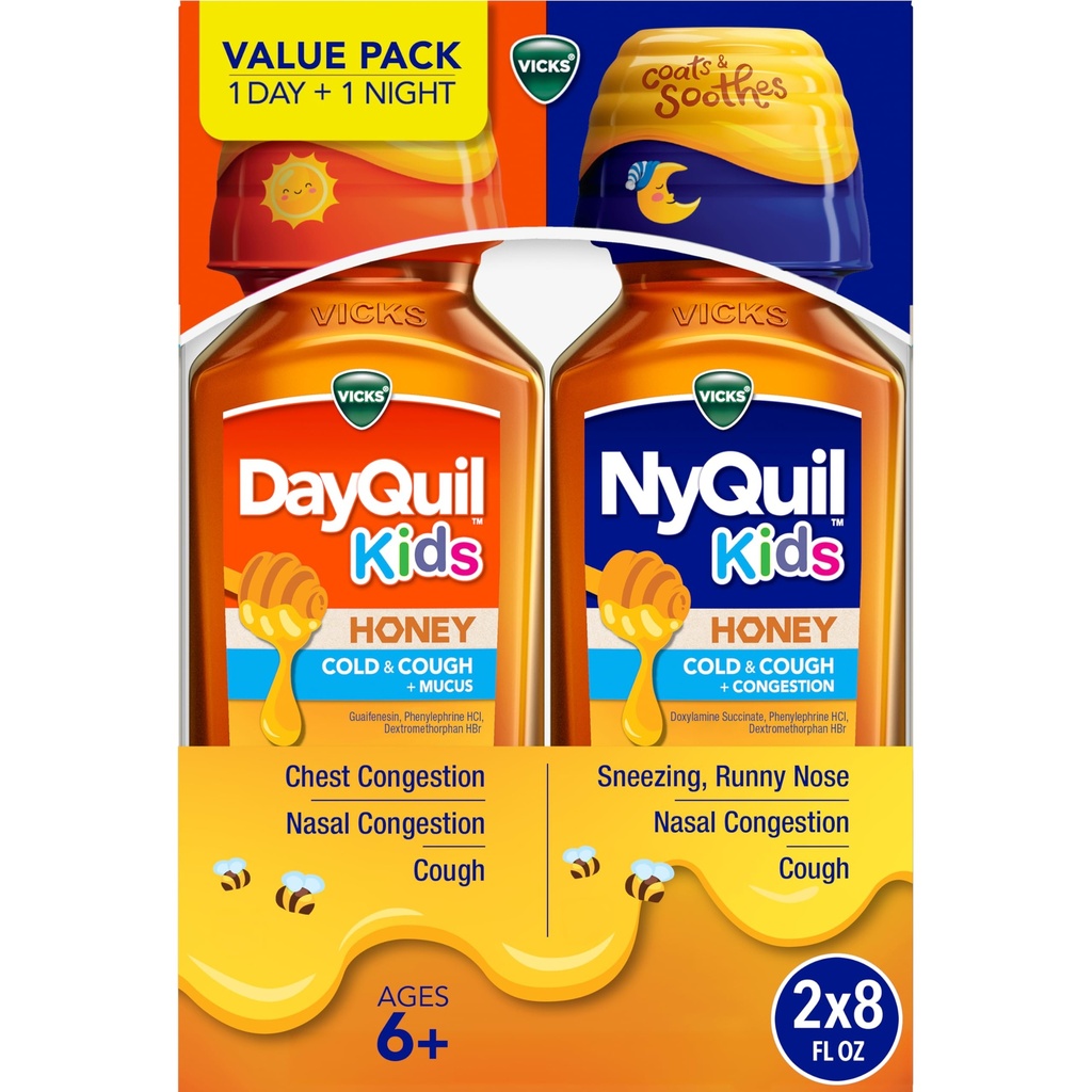 Vicks Kids DayQuil & NyQuil Honey Cold & Cough + Congestion Relief Co-Pack for Nighttime & Daytime Cough & Congestion, Flavored with Real Honey, for Children Ages 6+, 2-8 OZ Bottles
