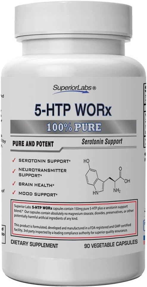 Superior Labs – 5-HTP Worx - 150 mg Pure 5-HTP Plus Potent Serotonin Blend - 90 Vegetable Capsules - Serotonin Amplification - Neurotransmitter Support - Brain Health - Mood Support