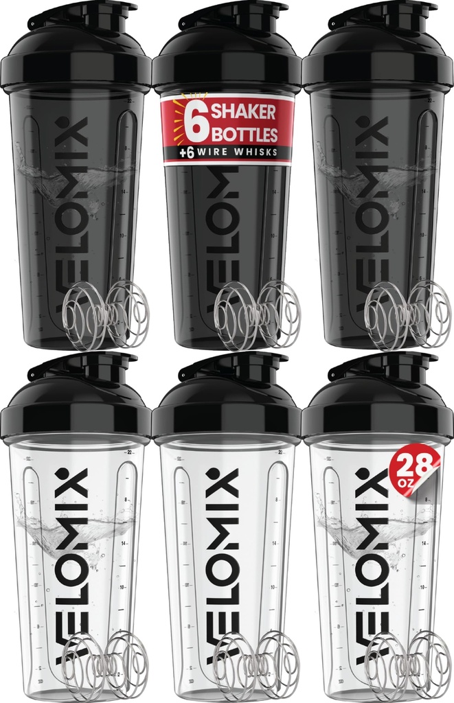 VELOMIX -6 PACK- 28 oz Protein Shaker Bottle for Protein Mixes -6x Wire Whisk | Leak Proof Shaker Cups for Protein Shakes | Large, Stackable Protein Shaker Bottle Pack (Blacks and Transparents)