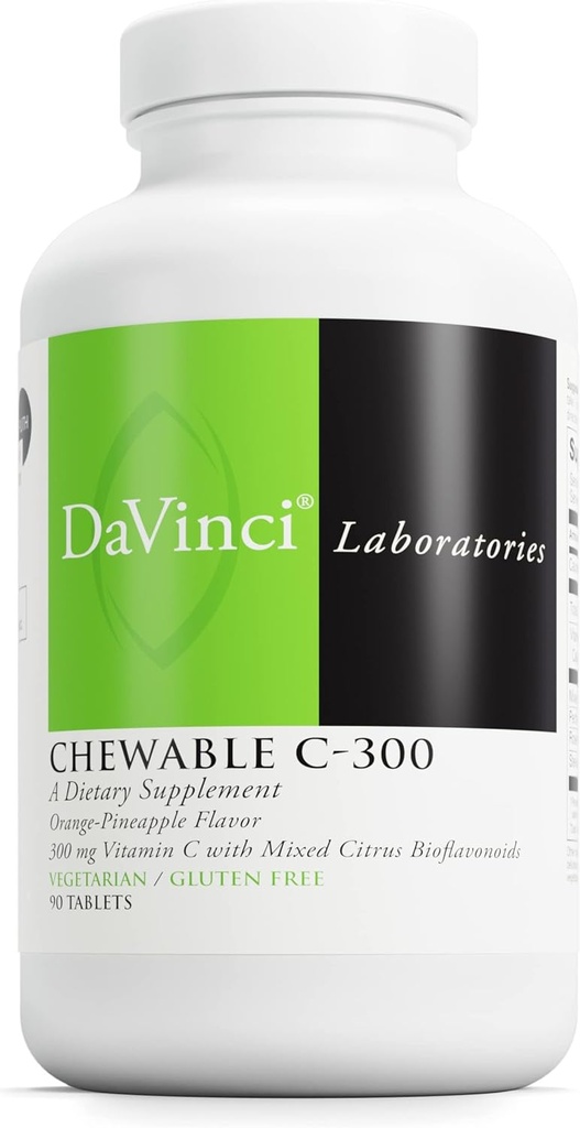 DaVinci Labs Chewable C-300 - Supplement to Support Immune Health, Cholesterol and Collagen Production - With Vitamin C, Pectin and More - Gluten-Free - Orange Pineapple Flavor - 90 Vegetarian Tablets