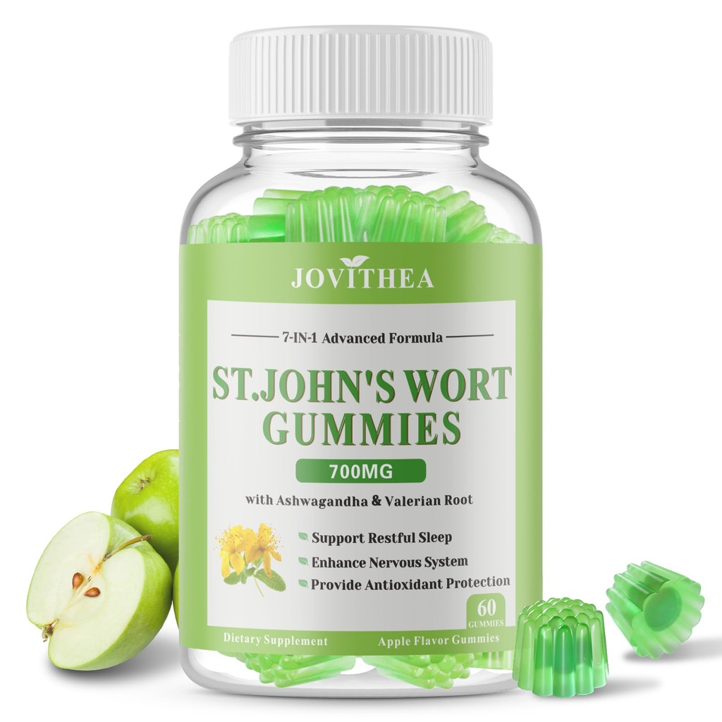 St John's Wort Gummies 700mg, Natural Herbal Supplement for Adults & Kids, Support Calm, Relaxation & Brain Health, Vegan, Non-GMO, Gluten Free, Apple Flavor, 60 Count