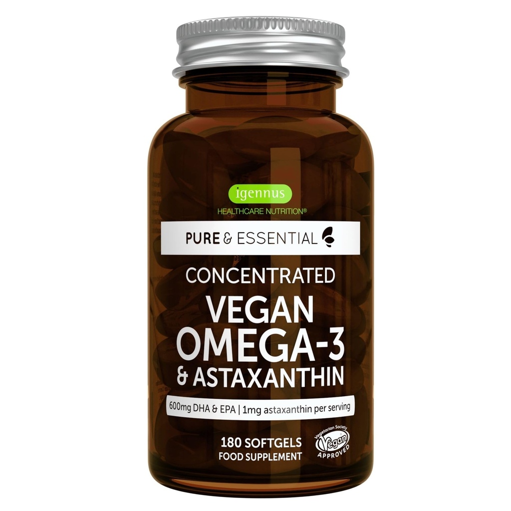 Igennus Vegan Omega-3 Natural Triglyceride Algae Oil, DHA & EPA Fatty Acid Supplement, 180 Small Softgels with Astaxanthin, Easy-to-Swallow, Pure & Sustainable, 90 Servings