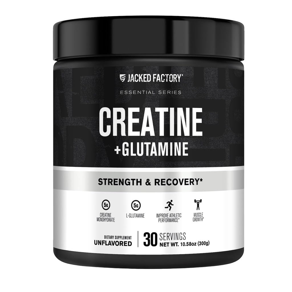 Jacked Factory Creatine + Glutamine - Creatine Supplement with L-Glutamine for Muscle Recovery, Muscle Growth, Increased Strength, Enhanced Energy Output, and Gut Health - 30 Servings, Unflavored