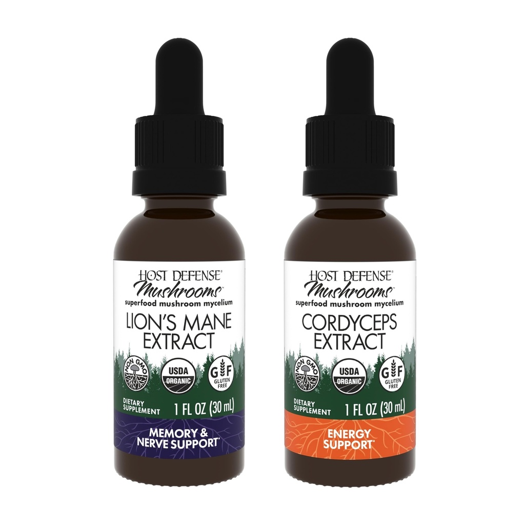 Host Defense Bundle with Lion's Mane Extract, 1 fl oz & Cordyceps Extract, 1 fl oz - Support Brain Health, Memory & Focus - Immune & Energy Support Supplement*