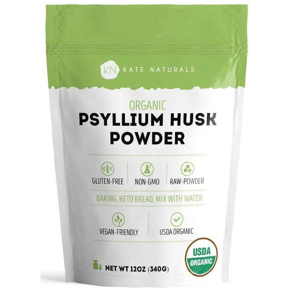 Kate Naturals Psyllium Husk Powder for Fiber, Digestion & Baking Bread. Mixes Easily with Juice & Smoothies (12oz, Organic, Gluten Free, Fine Ground)