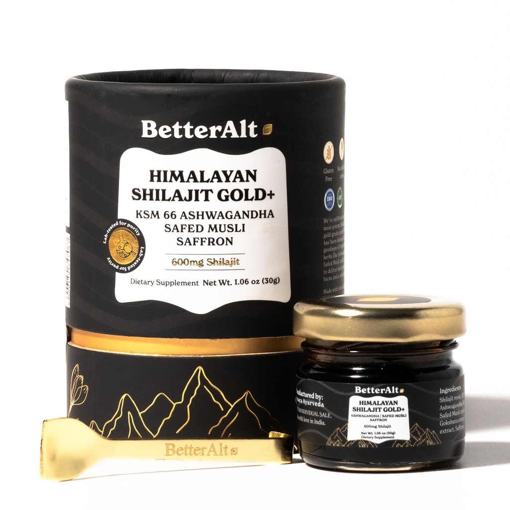 Better Alt Pure Himalayan Shilajit Gold+(30gm)|Enhances Recovery & Boosts Strength|16,000 ft Sourced Blend with Ashwagandha, Safed Musli,Gokshura|Shilajit gold for men & women|Vegan & Lab Tested-600mg