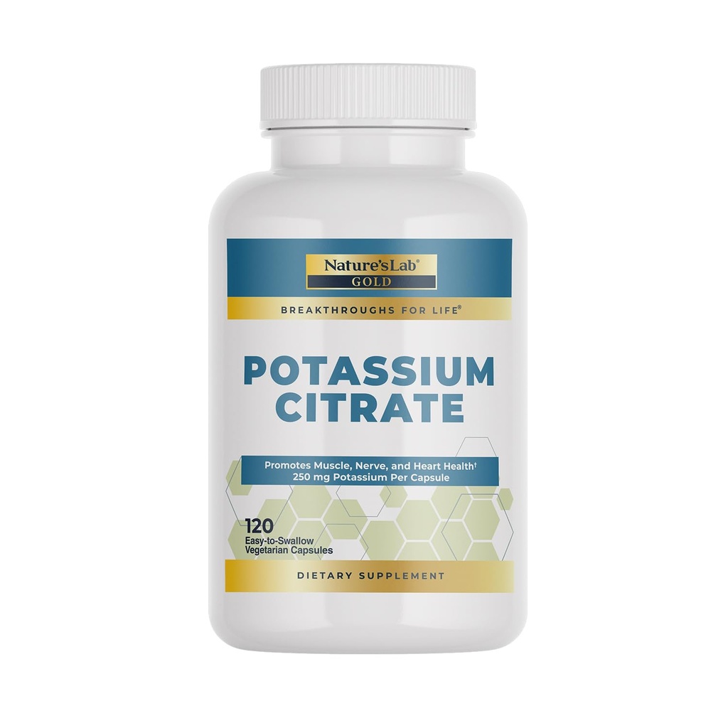 Nature's Lab Gold Potassium Citrate - Nerve, Muscle and Heart Health Support - 250mg Potassium Citrate - 120 Capsules (120 Day Supply)
