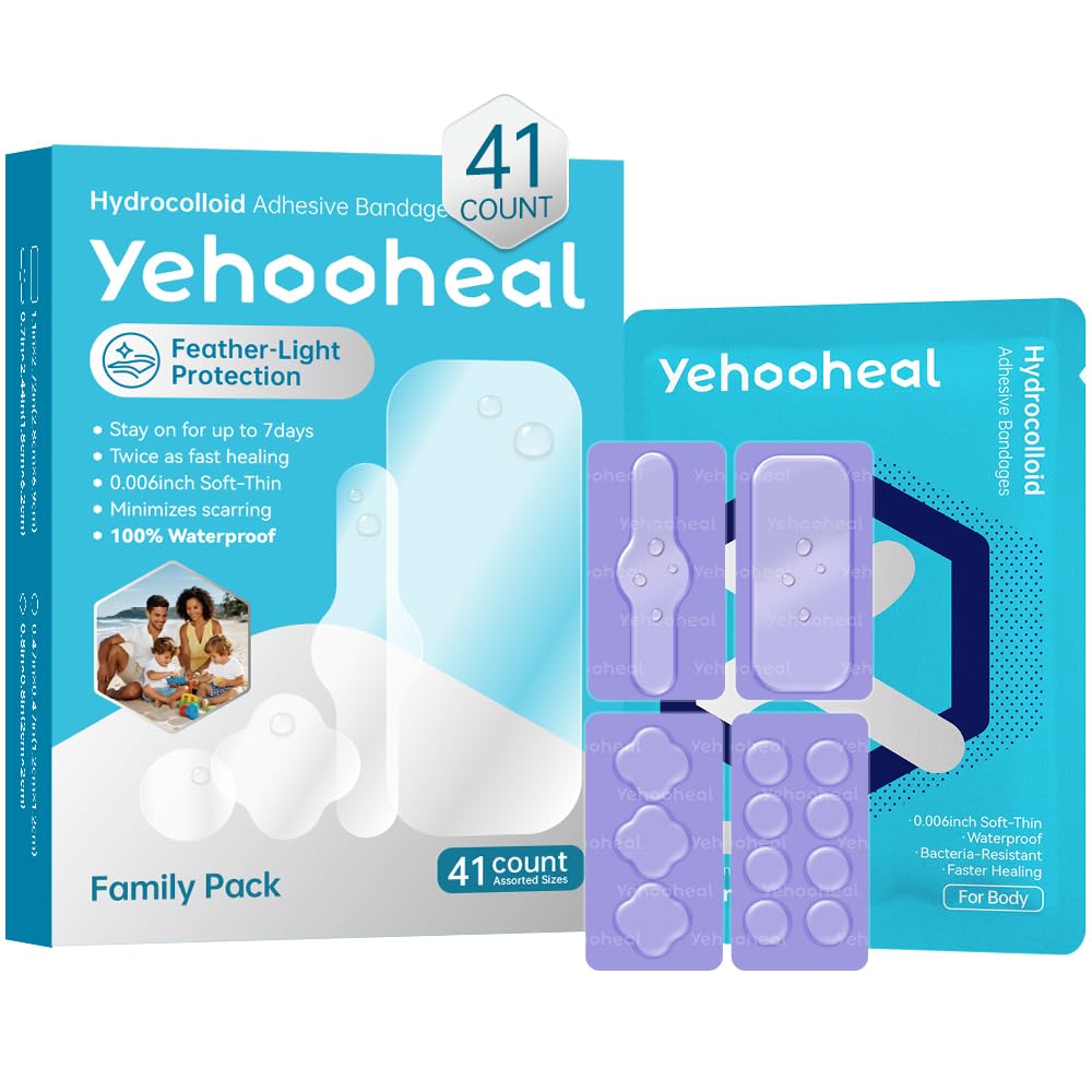 Hydrocolloid Bandages Variety Pack 0.006in Optimally Thin Second Skin 5 Day Protect Waterproof Faster Healing Less Scarring Individually Wrapped,for Cuts Scrapes Acne Pimple,41 Count(Assorted Sizes)