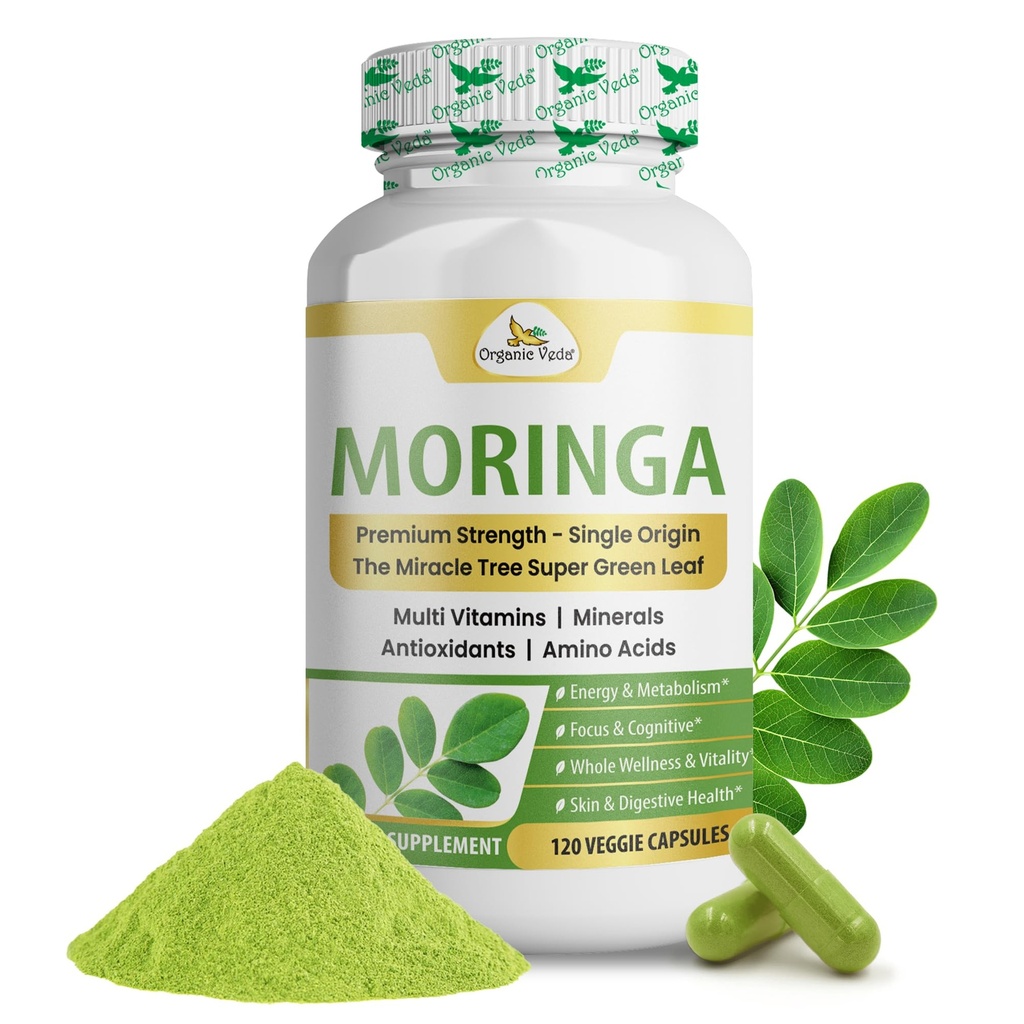 Organic Veda Moringa Capsule 1000mg - True Green Pure Organic Moringa Leaf Superfood - Vitamins & Antioxidants Dense Miracle Tree Powder for Energy, Digestion, Brain & Skin Health - 120 Vegan Capsule