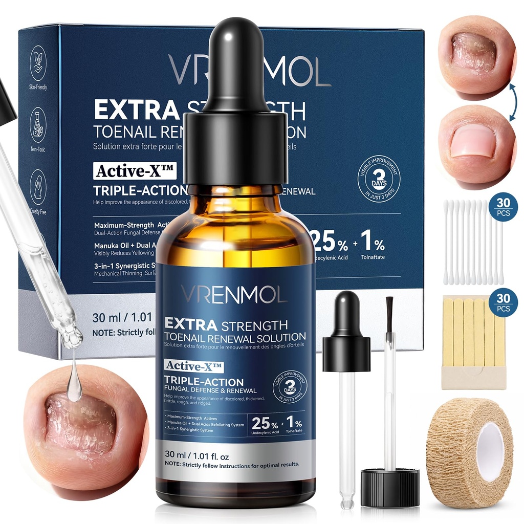 Vrenmol Toenail Fungus Treatment Extra Strength: 3-Day Visible Nail Renew | File-Treat-Seal 3-Step Care, 25% Undecylenic Acid, 1% Tolnaftate, Disposable Tools, Manuka Oil, Fades Thick Stained Nails