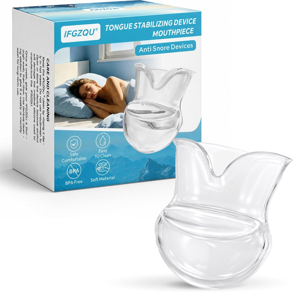Tongue Stabilizing Device Mouthpiece – Reusable BPA-Free Tongue Retainer for Quiet Restful Sleep, Soft Silicone Anti-Snoring Device, Custom-Fit for Men & Women, Includes Travel Case (Clear)