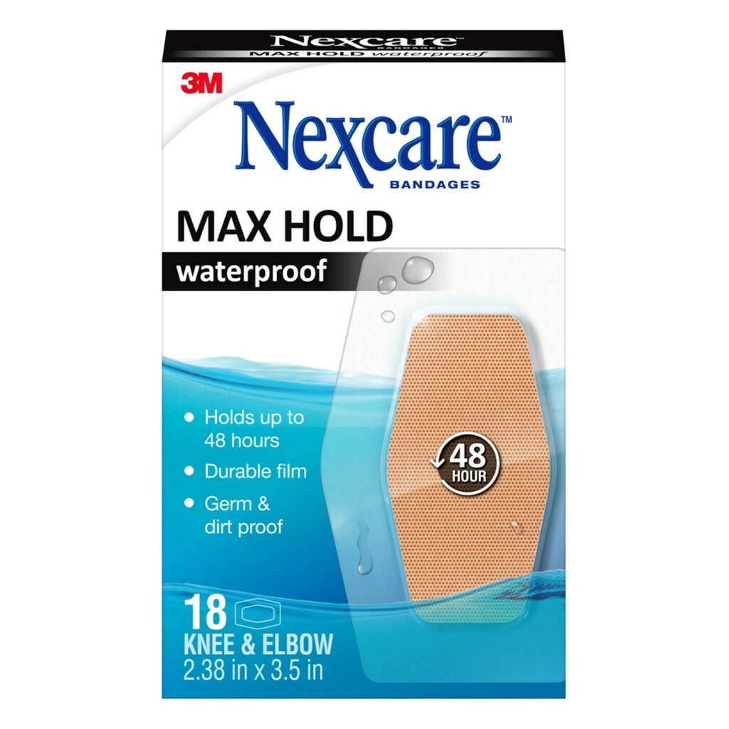 Nexcare Max Hold Waterproof Bandages, Comfortable, Low-Profile Film Fits Close To The Skin, Knee & Elbow, 2.38 x 3.5 in, 18, 1.0 Count, 0.05 kilograms