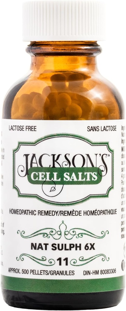 Jackson's #11 Cell Salt NAT Sulph 6X (500 Pellet Bottle) – Certified Vegan, Lactose-Free Schuessler Tissue Salt Natrum Sulphuricum 6X