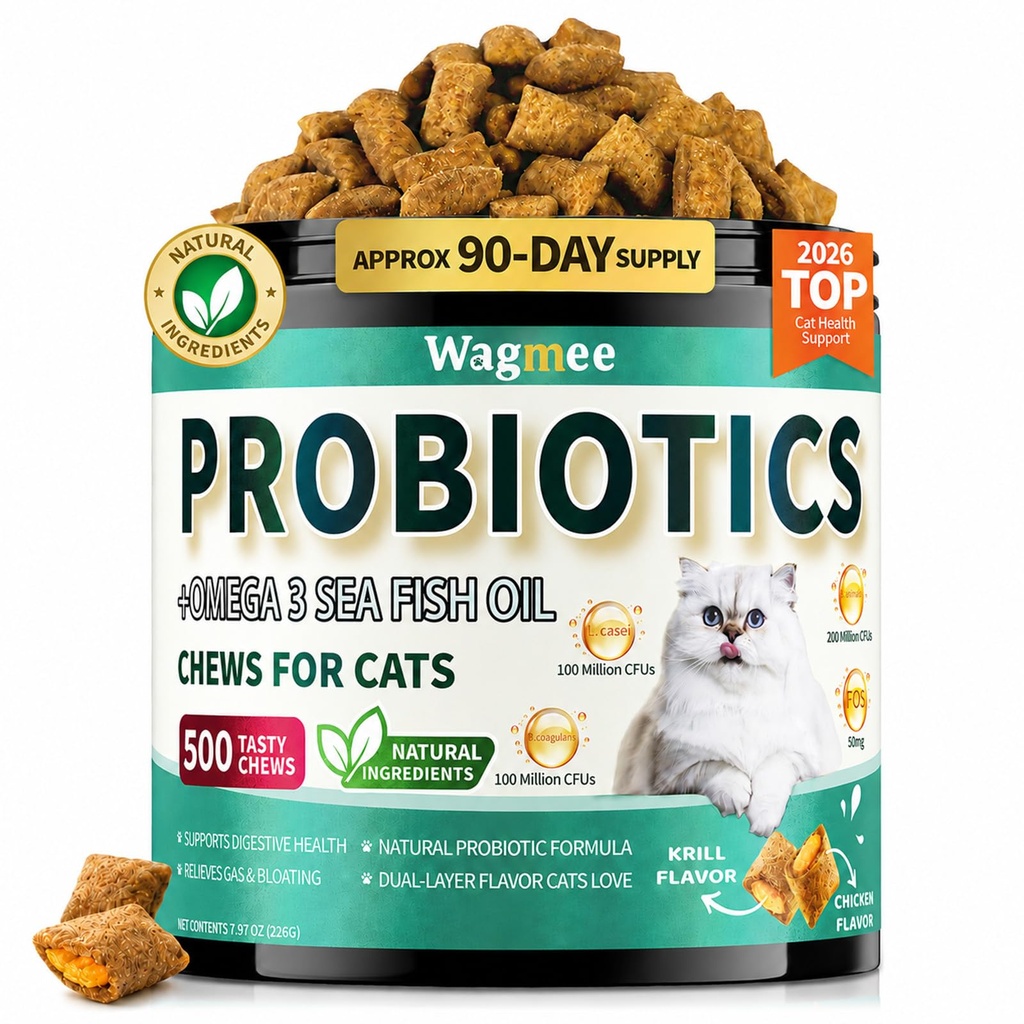 Cat Probiotics Chews 500 Count, Omega 3 Fish Oil Skin Coat Gut Support | Cat Probiotic Chews Crunchy Creamy with Fish Oil Omega 3 Support Digestion, Healthy Stool, Skin and Coat Wellness for Cat