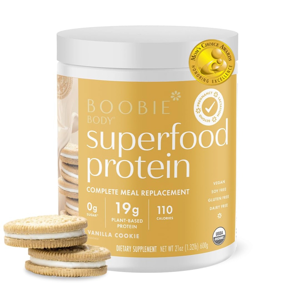 Boobie Body Superfood Protein Pregnancy and Postpartum Meal Replacement Shake, Vanilla Cookie Flavor | 19g Protein | Safe for Lactation & Motherhood | Organic, Vegan, Zero Sugar, 1 Tub (20 Servings)