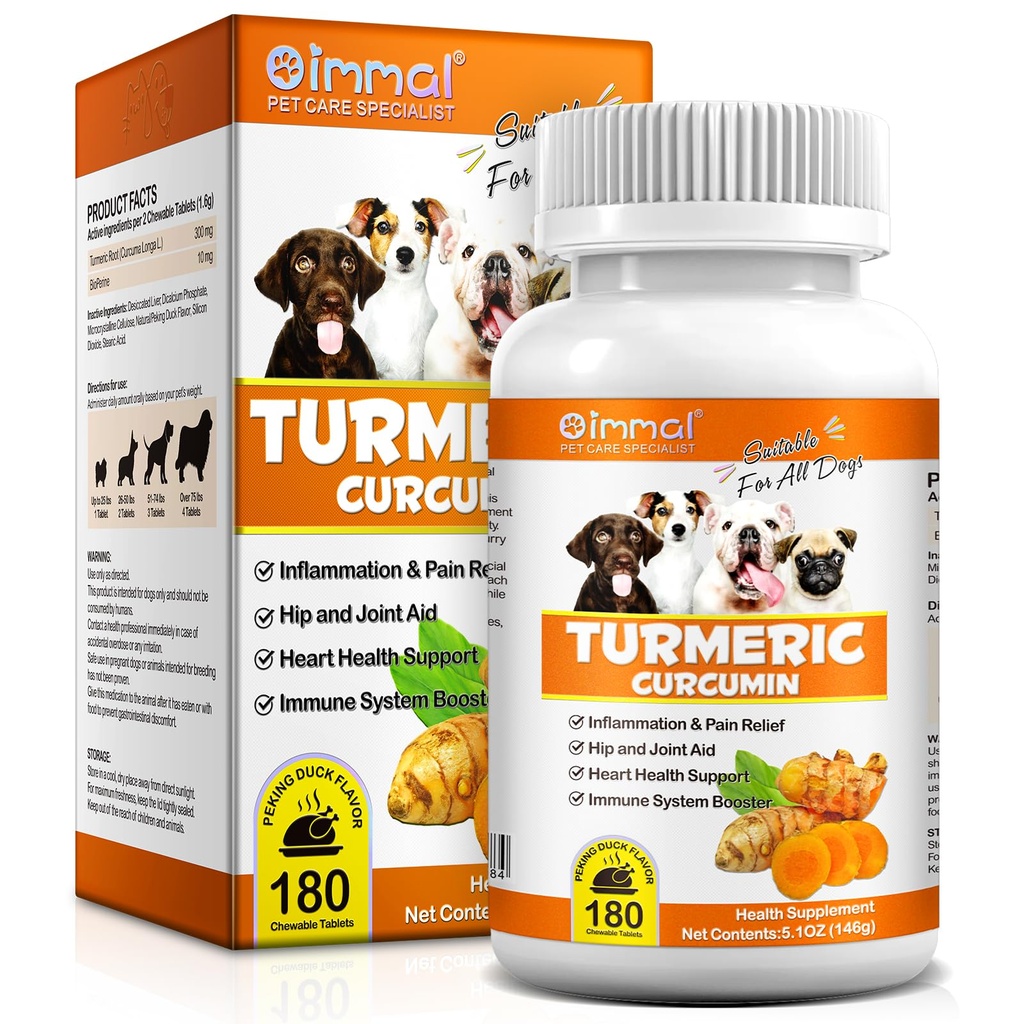 Turmeric for Dogs, 180 Turmeric Curcumin Tablets Supports Heart, Immune System Booster, Hip & Joint Support, Dog Pain Relief, Pet Supplement Treats for All Breeds Dogs & Ages - 180 Tablets / 5.1 OZ