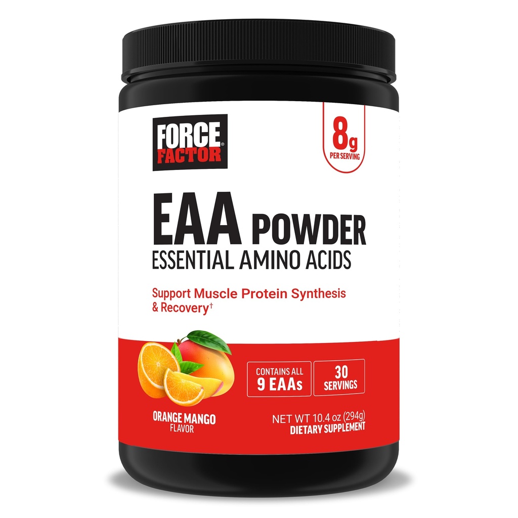 Force Factor Essential Amino Acids, Full Spectrum EAAs Amino Acids Powder, Amino Acids Supplement for Women and Men to Support Healthy Muscle and Workout Recovery, Orange Mango, 30 Servings