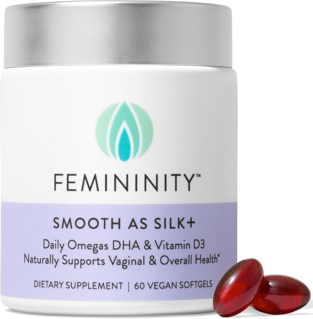 Femininity Smooth as Silk+ 30-Day Starter Kit for Vaginal Dryness (60 Softgels & Refillable Glass Jar) – Blend of Sea Buckthorn Oil, Vitamin D3 and Plant-Based Omega-3 DHA