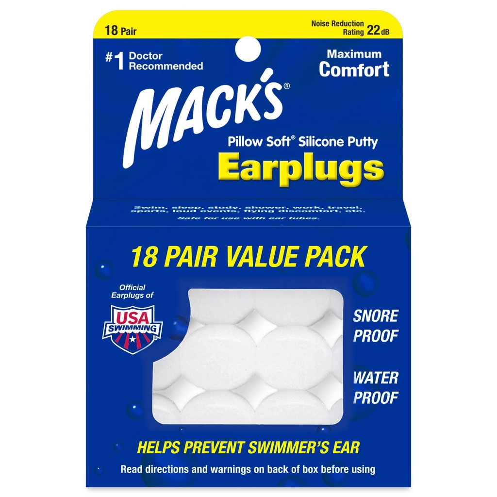 Mack's Pillow Soft Silicone Earplugs, 18 Pair - The Original Moldable Silicone Putty Ear Plugs for Sleeping, Snoring, Swimming, Travel, Concerts and Studying | Made in USA