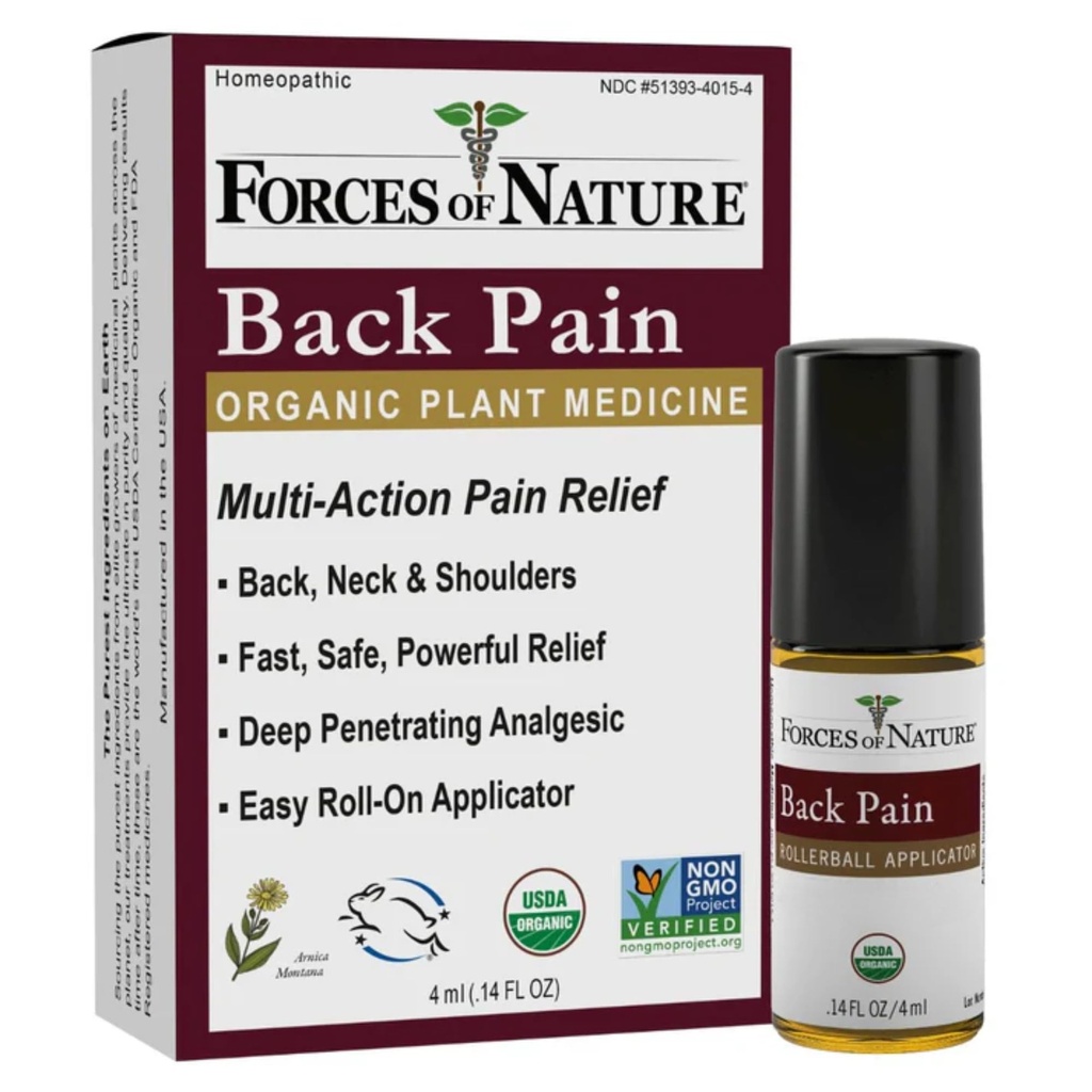 Forces of Nature Natural, Organic Back Pain Relief, w/Arnica & St John's Wort, Fast Acting Anti-Inflammatory Topical Muscle Soother for Lower Back, Sciatica, Neck, Non-GMO, Cruelty-Free, 0.14 Fl Oz