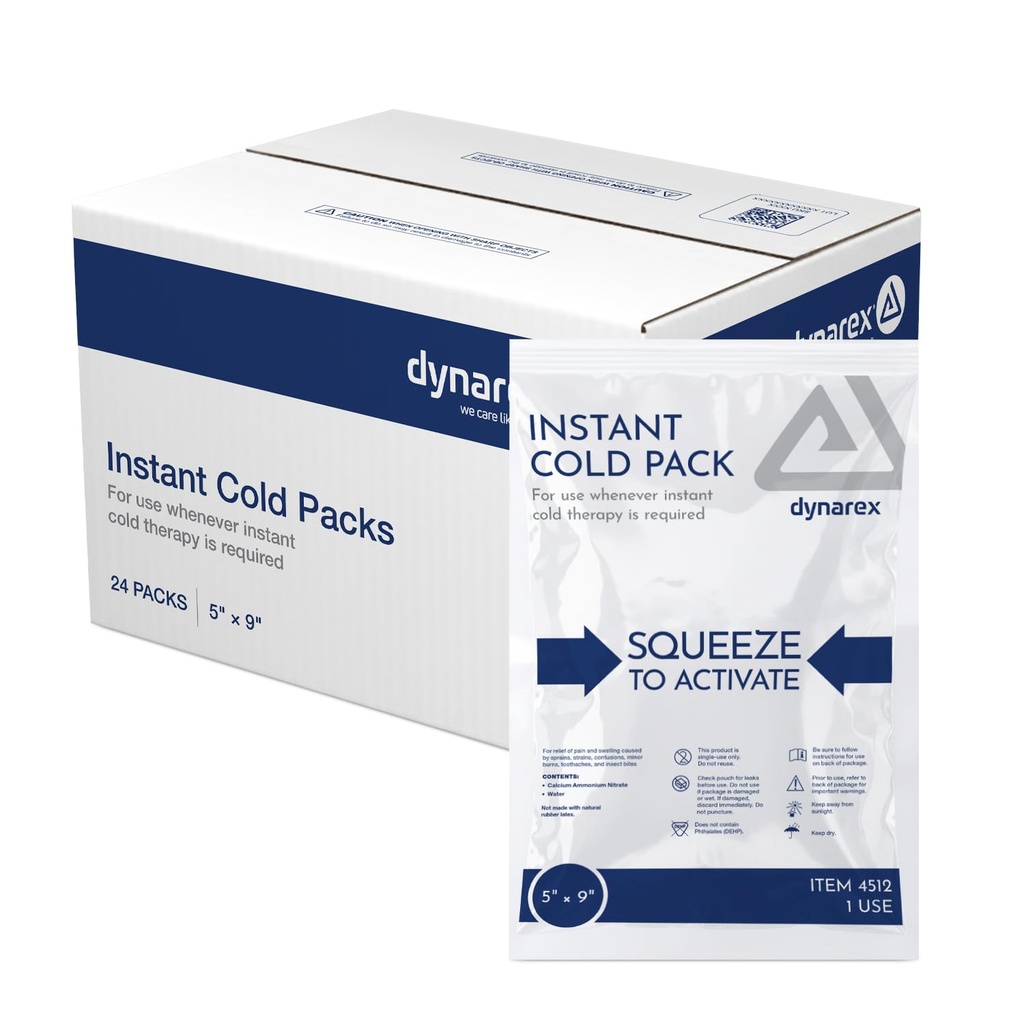 Dynarex Instant Cold Packs - Disposable Cold Compress for First Aid - Portable and Conforms to Body Contours - Quick Activation - 5" x 9" - 24 Count