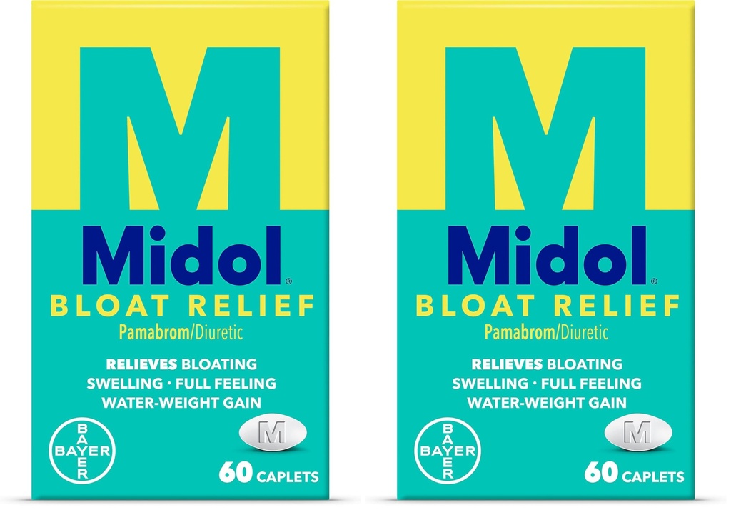 Midol Bloat Relief Caplets with Pamabrom,Relieve Bloating Symptoms Before and During Your Period,Provides Up to 6 Hours of Relief for Women,60 Count (Pack of 2)