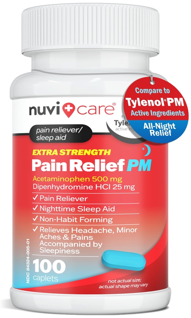 NUVICARE Pain Relief PM, Acetaminophen 500mg & Diphenhydramine 25mg, 100Ct