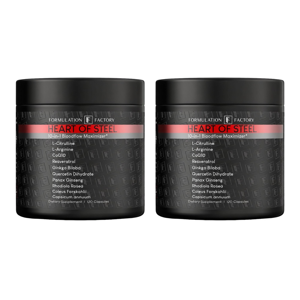 Formulation Factory Heart of Steel Nitric Oxide Supplements, Nitric Oxide Booster for Blood Flow & Circulation with L-Citrulline, L-Arginine, CoQ10 & Resveratrol - 240 Capsules, 60 Servings (2 Pack)