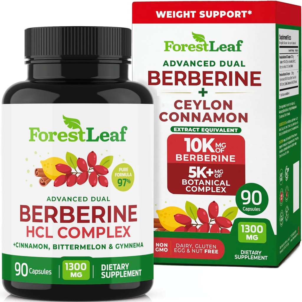 ForestLeaf Berberine Supplement - 1300mg per Serving - Ultra High Potency Berberine HCl with Ceylon Cinnamon, Bitter Melon & Gymnema - GLP-1 Weight Management Support - 90 Caps