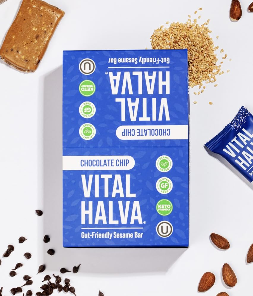 NEW FLAVOR: Chocolate Chip, Vital Halva Gut-Friendly Sesame Bar, 11g Fiber, 7g Protein, 1g Added Sugar, Gluten-Free Vegan Snack - 40g (Box of 10)