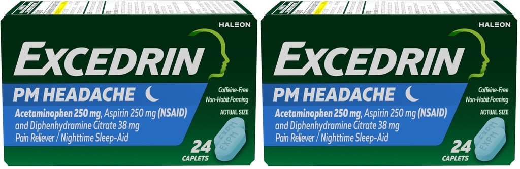 Excedrin PM for Headache Relief,Acetaminophen 250mg,Aspirin 250mg,Diphenhydramine Citrate 38mg,Pain Reliever,Nighttime Sleep-Aid,24 Count (Pack of 2)