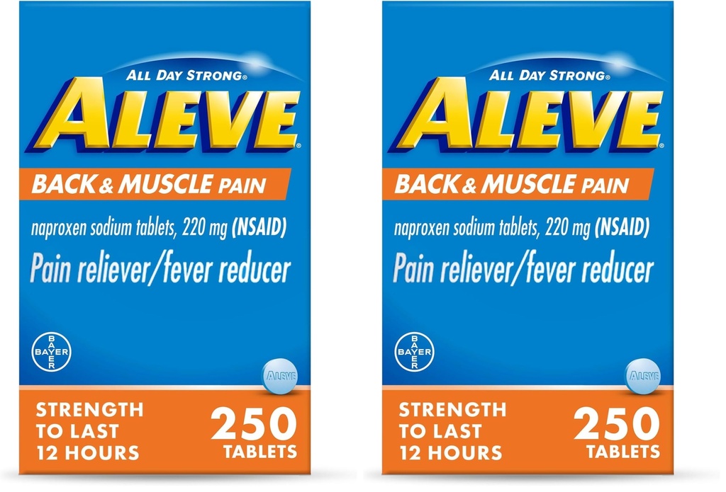 Aleve Back & Muscle Pain Relief Naproxen Sodium Tablets,Pain Reliever & Fever Reducer,Medicine for Body,250 Count (Pack of 2)