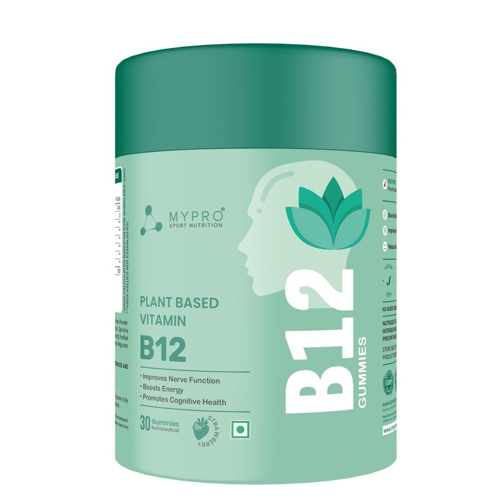 Mypro Sport Nutrition Plant Based Vitamin B12 Gummies | With Moringa, Amla Spirulina With 9 Herbals Extract |Nervous System Support | Boosts Energy | for Men & Women Strawberry Flavour (30 count (Pack of 1))