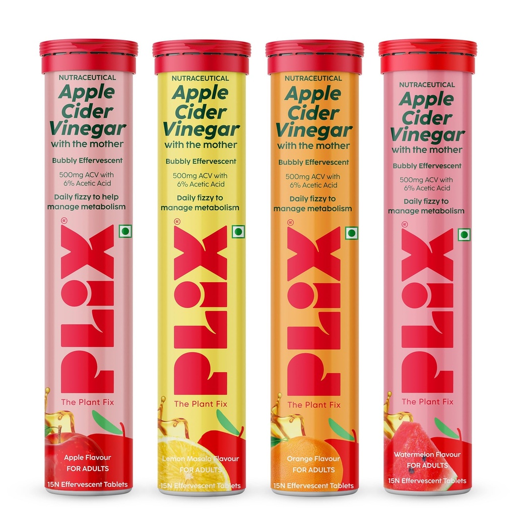 THE PLANT FIX Apple Cider Vinegar Effervescent Tablet with mother | Supports Metabolism & Appetite Control I With 500mg ACV, Vit B6 & B12 I No Maltodextrin, No Added Sugar I Pack of 4 (60 tablets)