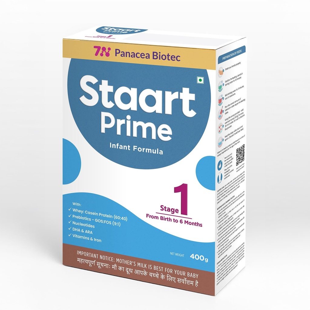 Staart Prime Infant Formula 400g | Protein (Whey: Casein) in 60:40 ratio, Prebiotics (GOS: FOS) in 9:1 ratio, Nucleotides & DHA + ARA (1:1) | No Palm Olein Oil, No Maltodextrin, No Fructose, No High Fructose Corn Syrup, No Table Sugar (Stage 1 (0-6 Months))
