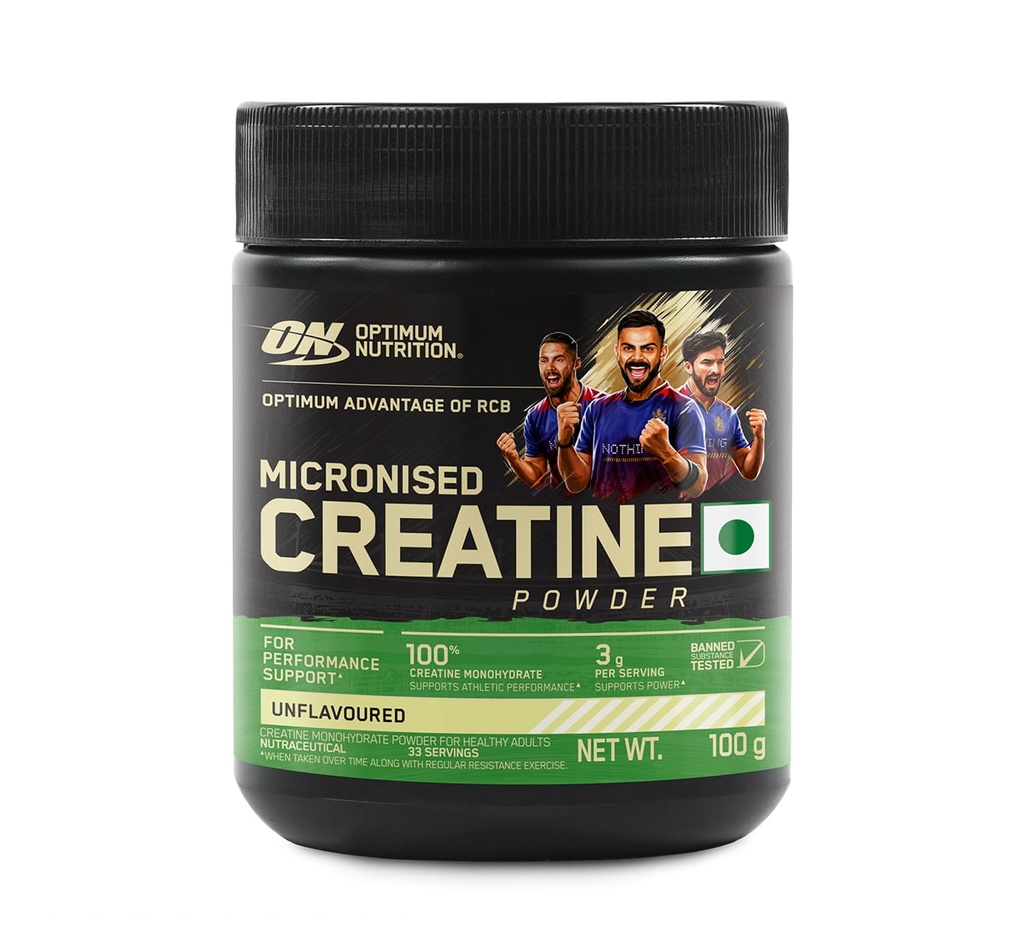 RCB Limited Edition Optimum Nutrition (ON) Micronized Creatine Powder – 100 g, 33 Serves, 3g of 100% Creatine Monohydrate per serve, Supports Athletic Performance & Power, Unflavored.