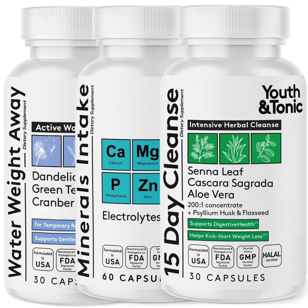 Youth & Tonic Water Weight Away and 15 Day Cleanse Bundle, Packed with Replenish Electrolytes to Support Hydration While Using Diuretics