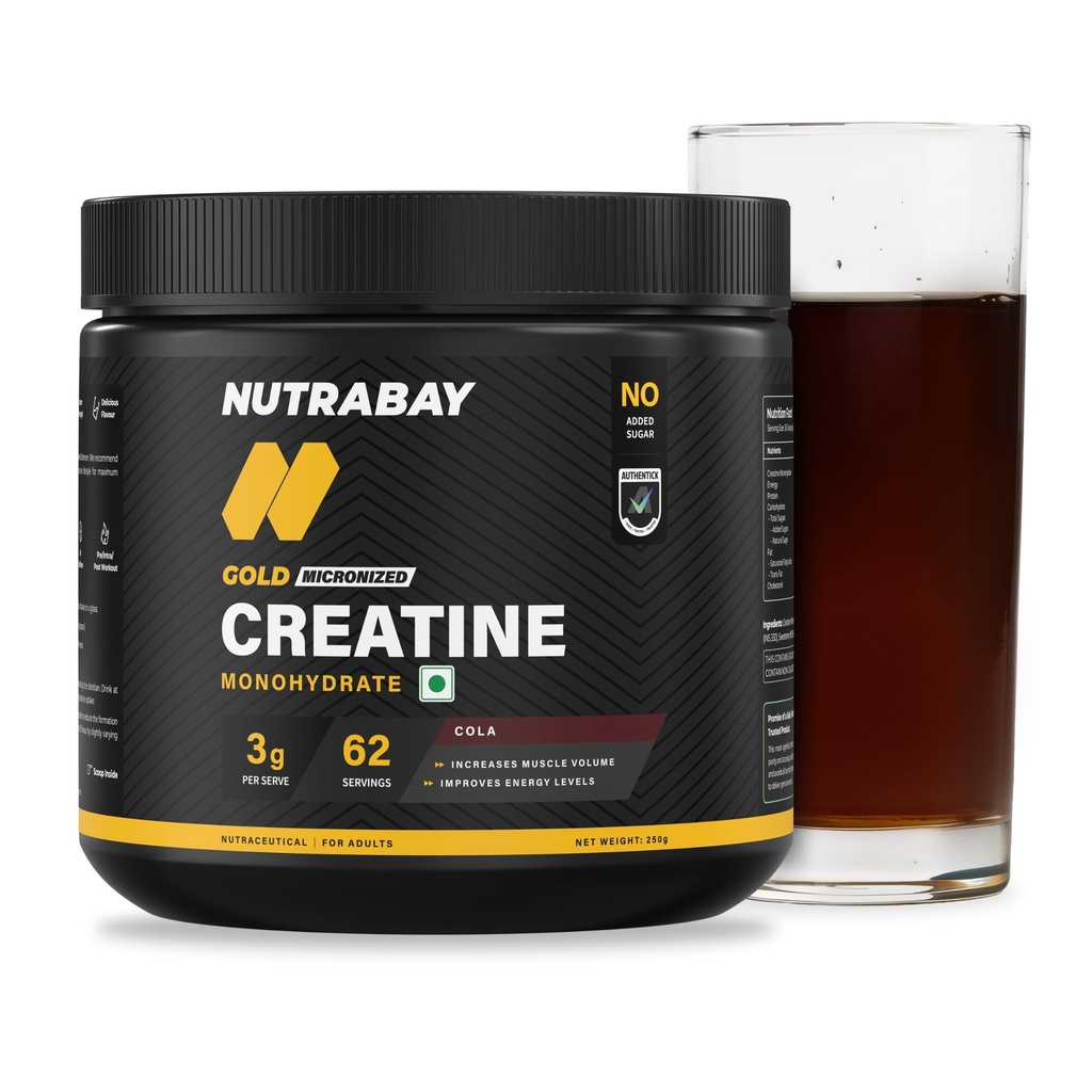 Nutrabay Gold Micronised Creatine Monohydrate Powder 3000mg Creatine per Serving, NABL Lab Tested – Increases Muscle Mass, Strength & Power – Pre/Post Workout Supplement – 250g, Cola