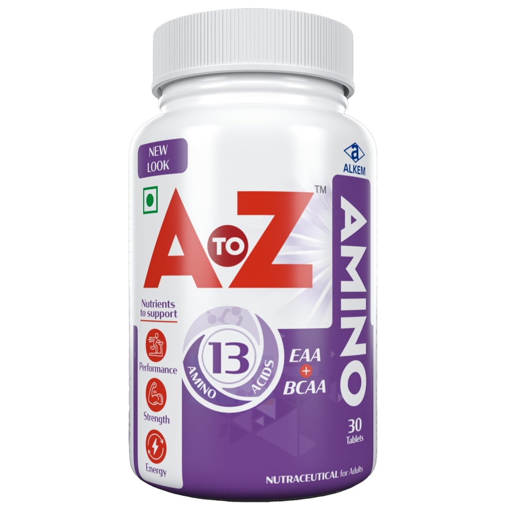 A to Z Amino Tablets | Amino Acid Supplement for Strength, Muscle Recovery & Protein Synthesis | 13 Amino Acids with Iron, Zinc & Folic Acid | Helps Reduce Weakness & Fatigue | Vegetarian Formula | 30 Tablets