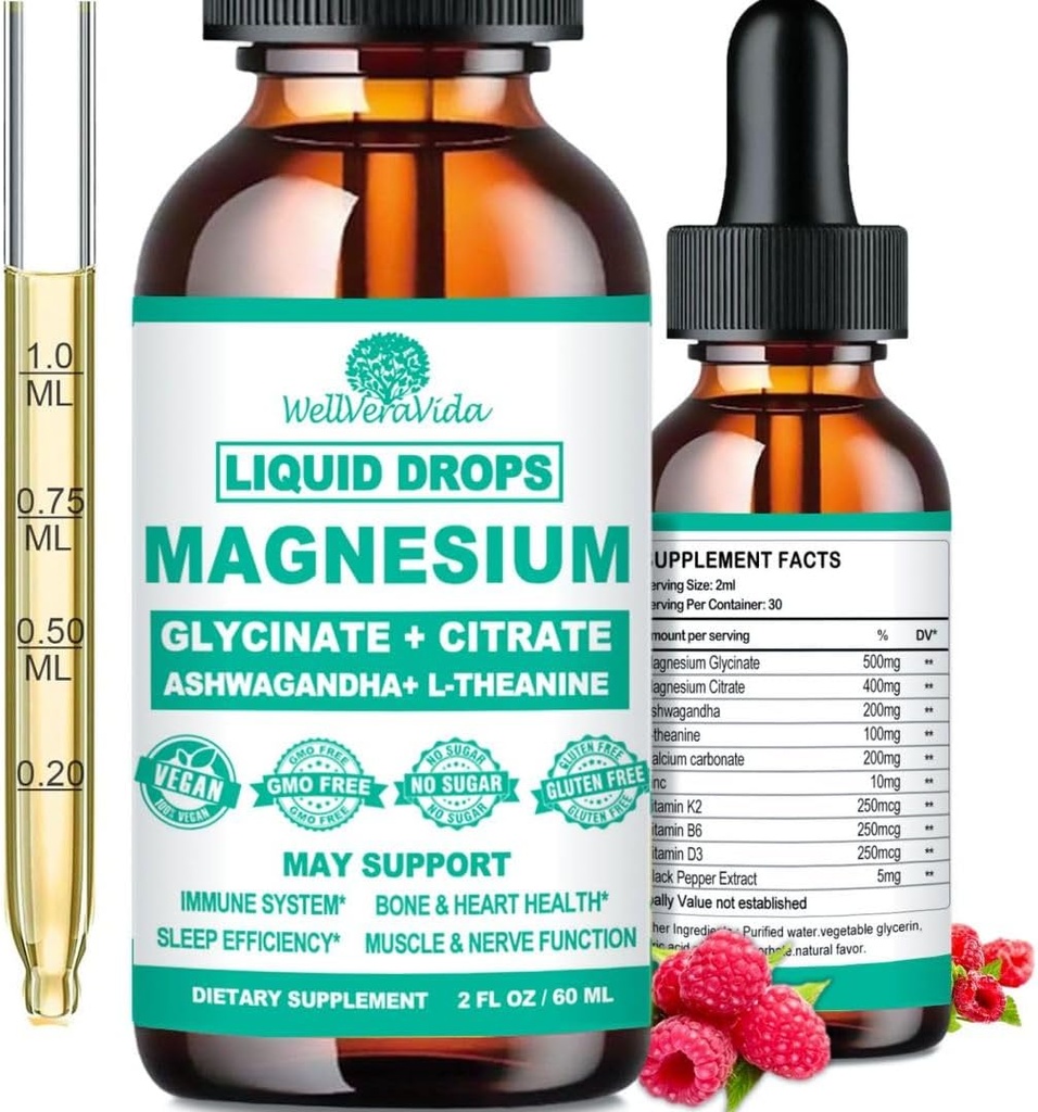 Magnesium Glycinate 500mg, Calm Magnesium Glycinate, Citrate with Vitamin D3 K2 B6 Ashwagandha, L-Theanine, Chelate Magnesium Complex Supplement Liquid Drops for Immune Sleep Bone Mood Nerve Health