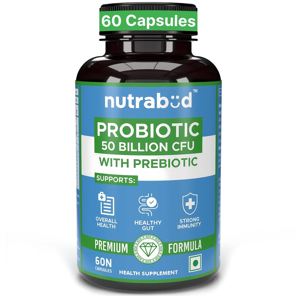 Nutrabud Probiotic Supplement 50 Billion CFU - 60 Veg Capsules - Probiotic for Gut Health Supplements - Supports Digestion & Immunity (60 Count (Pack of 1), Unflavoured)