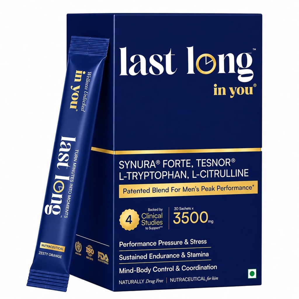 Last Long™ in you | Patented Ingredients for Men's Peak Performance Nutrition | Synura Forte® + Tesnor® + L-Tryptophan (5-HTP) + L-Citrulline | Stress Response, Stamina, Daily Confidence & Endurance