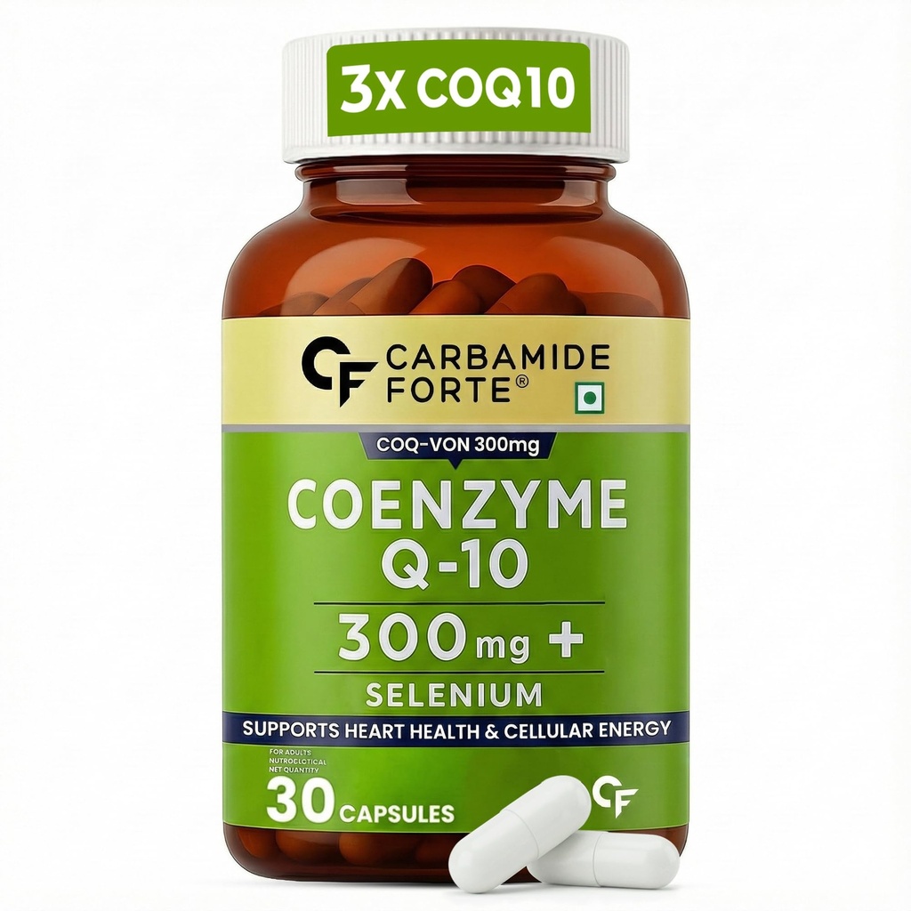 Carbamide Forte Coenzyme Q10 | CoQ10 Supplement 300mg with Selenium 40mcg | Coq10 Ubiqinol Supports Heart Health and Vascular Health | 100% Vegetarian – 30 Capsules (pack of 1)
