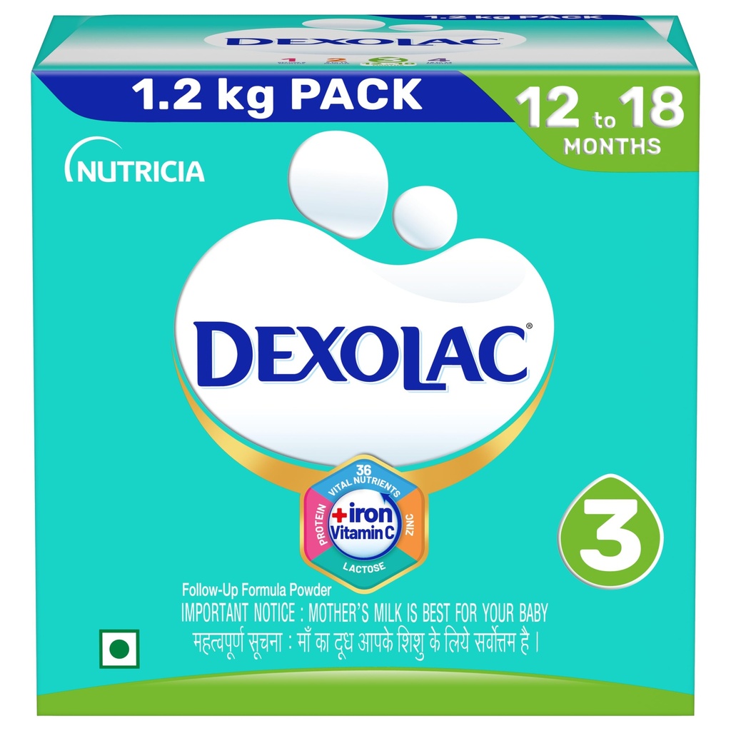 Dexolac Stage 3 Follow up Formula for Babies - (12-18 months) - with Iron, Vit C, Zinc, Protein & other Vital nutrients - 3x400g -Bag -in -Box
